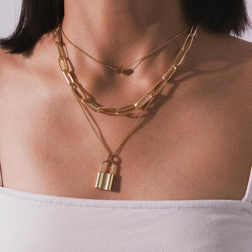 Rock Choker Lock Necklace Layered Chain On The Neck With Lock Punk