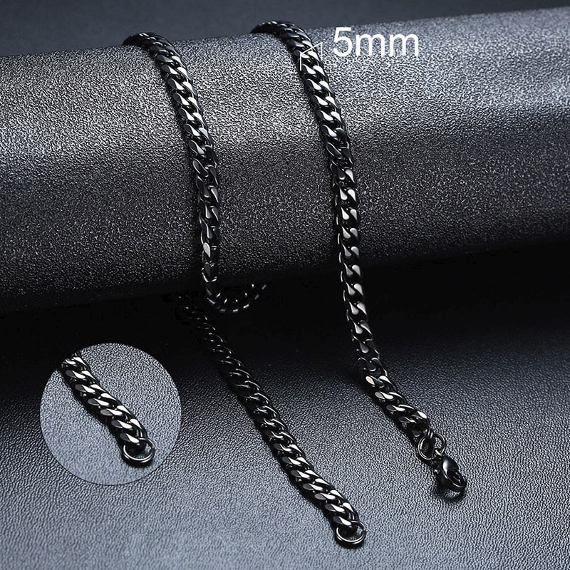 Mens Black Necklace, 5MM Black Cuban Curb Link Chain Necklace Mens