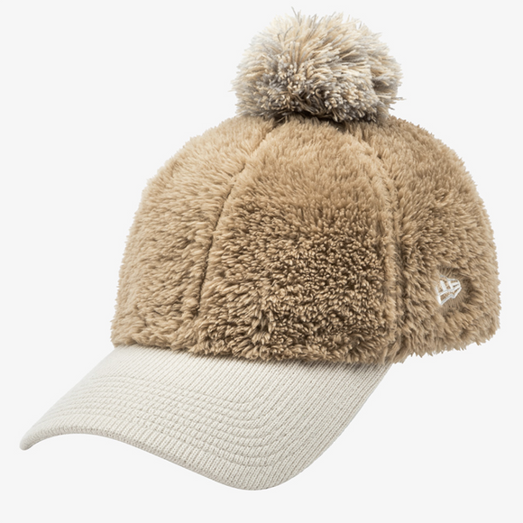 New Era GOLF WoMen Mink Fleece Pom Pom Long Visor Unstructured Ball Cap, Camel