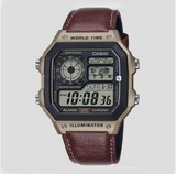 Casio AE-1200WHL-5A Men’s Digital World Time Watch – Brown Leather Band | Retro World Timer