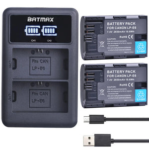 2650mAh LP E6 LPE6 LP-E6 E6N Battery + LED Dual Charger For Canon EOS 5DS R 5D Mark II 5D Mark III 6D 7D 70D 80D Camera