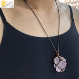 CSJA Natural Stone Rope Wrap Necklace Irregular Rose Crystal Quartz Pendant Necklaces Adjustable Women Girl Vintage Jewelry G317