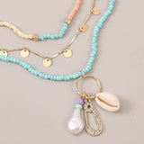 3 Pcs/Set Beach Style Fashion Blue Glass Beaded Long Necklaces For Women Bohemian Shell Pearl Pin Pendant Gold Chain Necklace