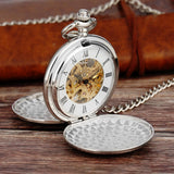 Silver Smooth Double Full Hunter Case Steampunk Skeleton Dial Mechanical Pocket Watch With Chain