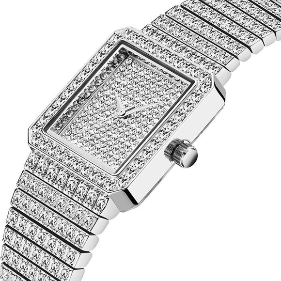 Hot Fashion Square Case Watch Women Hip Hop Womens Quartz Watches Silver Steel Band Bling Diamond Wristwatch Female montre femme 25mm