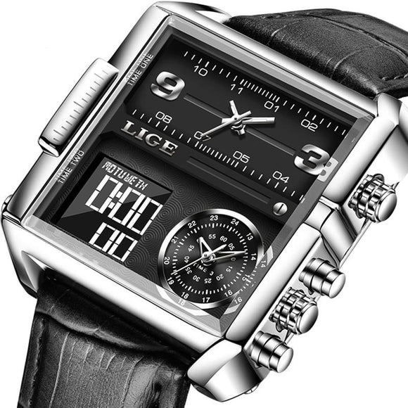 LIGE Original Watch Men Top Brand Luxury Rectangle Quartz Military Watches Waterproof Luminous Leather Wristwatch Men Clock+Box