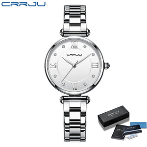 Women Watch CRRJU Fashion Luxury Blue Watch for Women Casual Waterproof Quartz Ladies Stainless Steel Watch relogio feminino