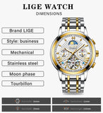 LIGE Official Store Mens Watches Top Brand Luxury Automatic Mechanical Business Clock Gold Watch Men Reloj Mecanico de Hombres