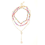 3 Pcs/Set Beach Style Fashion Blue Glass Beaded Long Necklaces For Women Bohemian Shell Pearl Pin Pendant Gold Chain Necklace