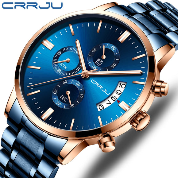 CRRJU Blue Mens Watches with Stainless Steel Top Brand Luxury Men Sports Chronograph Quartz Watches Clock Relogio Masculino