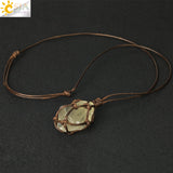 CSJA Natural Stone Rope Wrap Necklace Irregular Rose Crystal Quartz Pendant Necklaces Adjustable Women Girl Vintage Jewelry G317