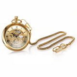 Luxury Gold Skeleton Mechanical Pocket Watch Roman Numerals Antique Hand Winding FOB Chain Men Women Golden Chain Watches Gifts