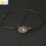 CSJA Natural Stone Rope Wrap Necklace Irregular Rose Crystal Quartz Pendant Necklaces Adjustable Women Girl Vintage Jewelry G317