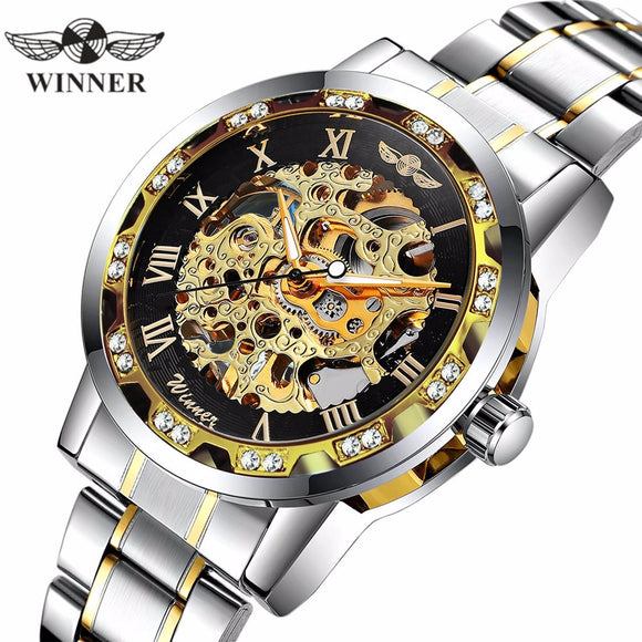 WINNER Mechanical Crystal Luxury Classic Business Luminous Hands Shock Resistant Stainless Steel Men Wrist Watches 454G