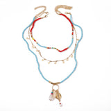 3 Pcs/Set Beach Style Fashion Blue Glass Beaded Long Necklaces For Women Bohemian Shell Pearl Pin Pendant Gold Chain Necklace