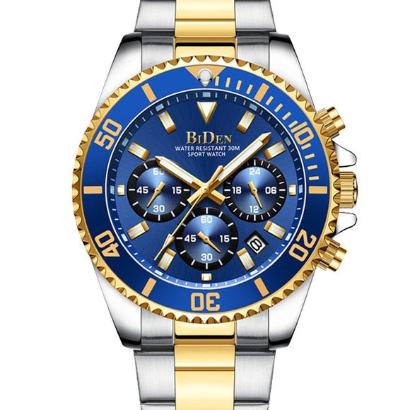 Luxury Gold Watch Men Top Brand BIDEN 3ATM Waterproof Classic Golden Blue Chrono Business Casual Men Wristwatch Gifts for Men