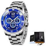 LIGE Watches Mens Top Brand Luxury Clock Casual Stainless Steel 24Hour Moon Phase Men Watch Sport Waterproof Quartz Chronograph