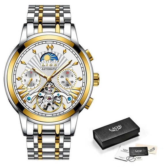 LIGE Official Store Mens Watches Top Brand Luxury Automatic Mechanical Business Clock Gold Watch Men Reloj Mecanico de Hombres