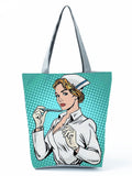 Cartoon Ladies Nurse Printed Handbag Foldable High Capacity Women Shoulder Bag Eco Reusable Shopping Bag Chic Travel Beach Bag