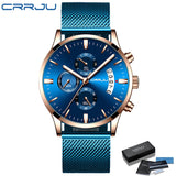 CRRJU Blue Mens Watches with Stainless Steel Top Brand Luxury Men Sports Chronograph Quartz Watches Clock Relogio Masculino