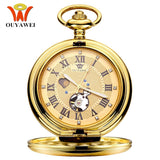 New OYW Brand Stainless Steel Men Fashion Casual Pocket Watch Skeleton dial Silver Hand Wind Mechanical Male Fob Chain Watches