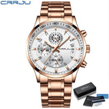 Fashion Watches CRRJU Men Chronograph Luxury Waterproof Watch Black Business Stainless Steel Clock For Men relogio masculino