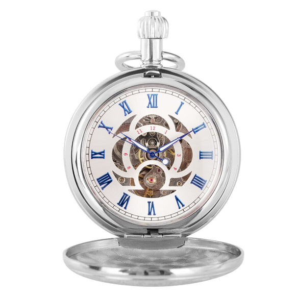 Luxury Silver Pocket Watch Automatic Mechanical Copper Pendant Present Flower Pattern Self Winding Clock Pendant Gift for Men
