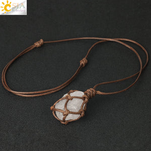 CSJA Natural Stone Rope Wrap Necklace Irregular Rose Crystal Quartz Pendant Necklaces Adjustable Women Girl Vintage Jewelry G317