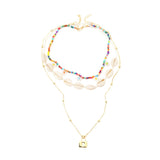 3 Pcs/Set Beach Style Fashion Blue Glass Beaded Long Necklaces For Women Bohemian Shell Pearl Pin Pendant Gold Chain Necklace