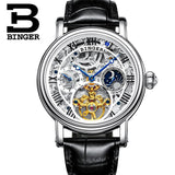 Fashion Tourbillon Mechanical Watches BINGER New Automatic Watch Men Leather Strap Moon phase Sapphire Waterproof Montre Homme