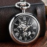 Simple Silver Smooth Mechanical Pocket Watch Men Hollow Skeleton Dial Unique Roman Numerals Steampunk Mechanical Watch FOB Chain