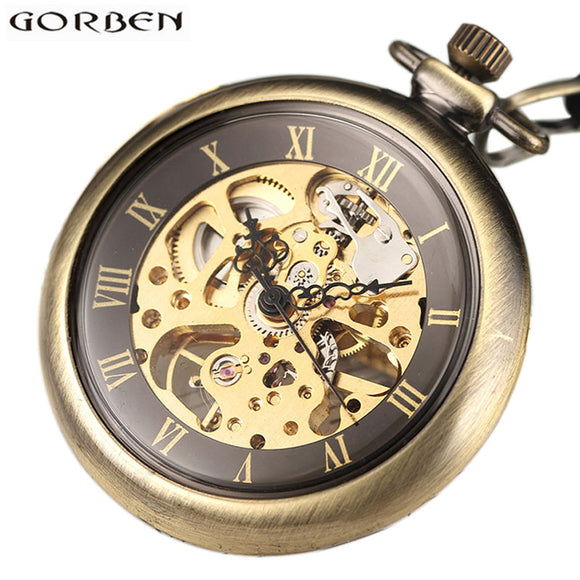 Vintage Skeleton Steampunk Mechanical Pocket Watch Necklace Hand Wind Silver Bronze Retro Clock Chain Pendant Men Women Gift