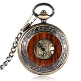 Retro Luxury Wood Circle Skeleton Pocket Watch Men Women Unisex Mechanical Hand-winding Roman numerals Necklace Gift P2012C