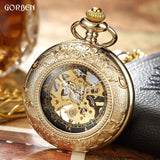 Luxury Retro Golden Hollow Skeleton Mechanical Pocket Watch Mens Fob Chain Steel Exquisite Sculpture Women Men Pocket Wath Gifs