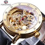 Forsining Silver Skeleton Wristwatches Black Red Pointer Black Genuine Leather Belt Automatic Watches for Men Transparent Watch