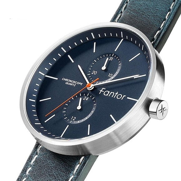 Fantor Men Blue Leather Luxury Chronograph relogio Slim Thin Casual Sport Quartz Wrist Watch for Man