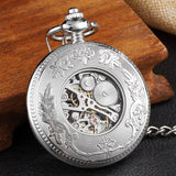 Luxury Silver Pocket Watch Mens Unique Roman Number Sculpture Dial Fashion Mens Mechanical Watches With FOB Chain Men Women Gift