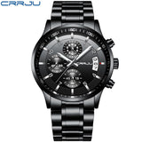 Fashion Watches CRRJU Men Chronograph Luxury Waterproof Watch Black Business Stainless Steel Clock For Men relogio masculino