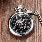 Simple Silver Smooth Mechanical Pocket Watch Men Hollow Skeleton Dial Unique Roman Numerals Steampunk Mechanical Watch FOB Chain