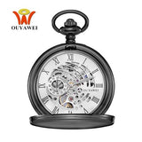 New OYW Brand Stainless Steel Men Fashion Casual Pocket Watch Skeleton dial Silver Hand Wind Mechanical Male Fob Chain Watches