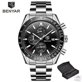 BENYAR Men Watch Business Chronogragh Full Steel Quartz Top Brand Luxury Casual 3Bar Waterproof Sports Male Silver Blue 2019 New