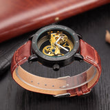 2020 Gold Black Men's Luxury Brand Automatic Mechanical Watches Hollow Out Transparent Skeleton Watches Genuine Leather Bands