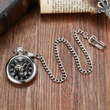 Simple Silver Smooth Mechanical Pocket Watch Men Hollow Skeleton Dial Unique Roman Numerals Steampunk Mechanical Watch FOB Chain