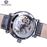 Forsining Silver Skeleton Wristwatches Black Red Pointer Black Genuine Leather Belt Automatic Watches for Men Transparent Watch