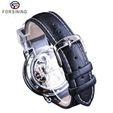 Forsining Silver Skeleton Wristwatches Black Red Pointer Black Genuine Leather Belt Automatic Watches for Men Transparent Watch