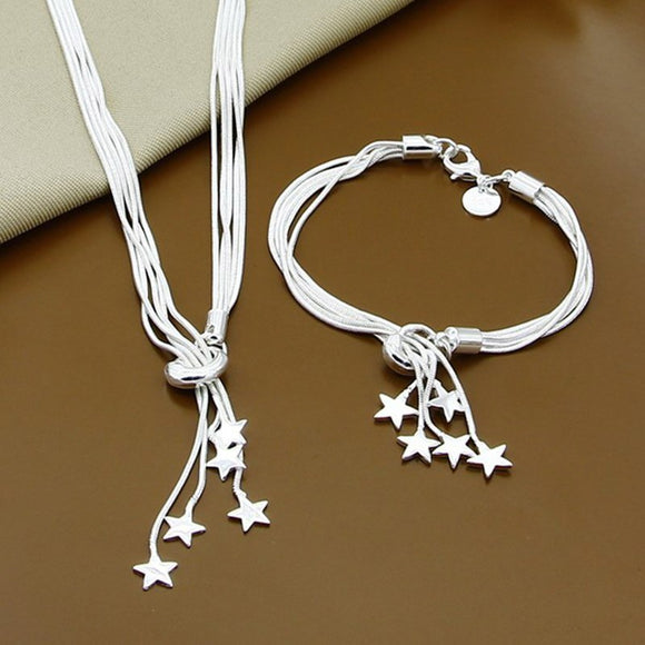 925 Silver Star Necklace Chains Bracelet Sets For Women Wedding Fashion Jewelry