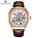 Vegamono Fashion Leather Gold Watch Men Automatic Mechanical Skeleton Waterproof Watches Relogio Masculino Box