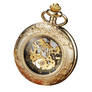 Luxury Retro Golden Hollow Skeleton Mechanical Pocket Watch Mens Fob Chain Steel Exquisite Sculpture Women Men Pocket Wath Gifs