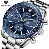 BENYAR Men Watch Business Chronogragh Full Steel Quartz Top Brand Luxury Casual 3Bar Waterproof Sports Male Silver Blue 2019 New