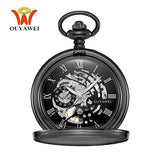 New OYW Brand Stainless Steel Men Fashion Casual Pocket Watch Skeleton dial Silver Hand Wind Mechanical Male Fob Chain Watches